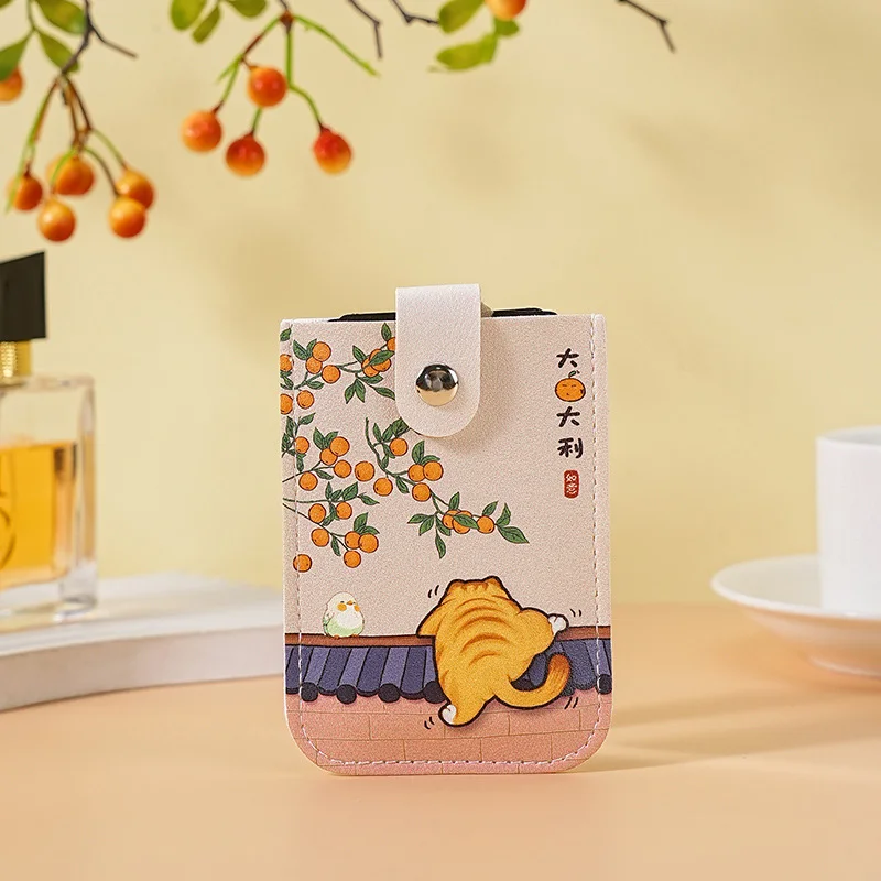 Chinese Style Cat & Orange Printed PU Leather Snap Button Card Holder