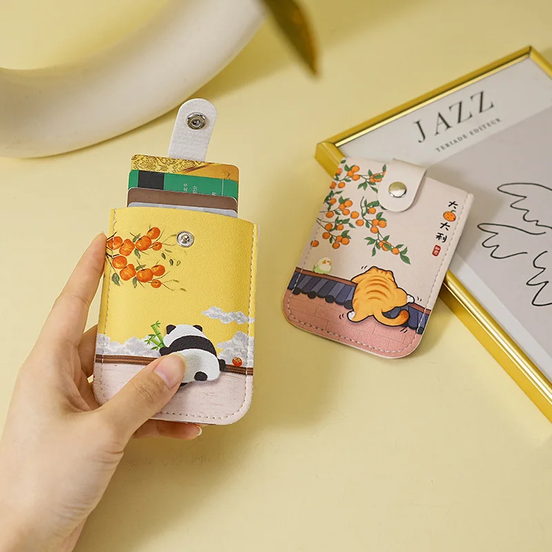 Chinese Style Cat & Orange Printed PU Leather Snap Button Card Holder