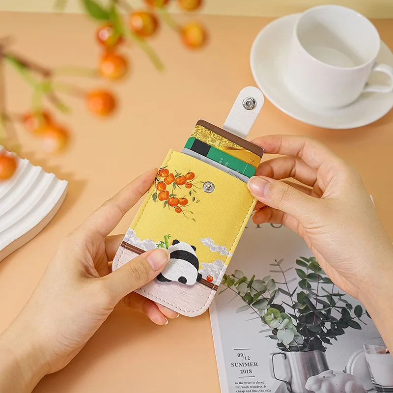 Chinese Style Cat & Orange Printed PU Leather Snap Button Card Holder