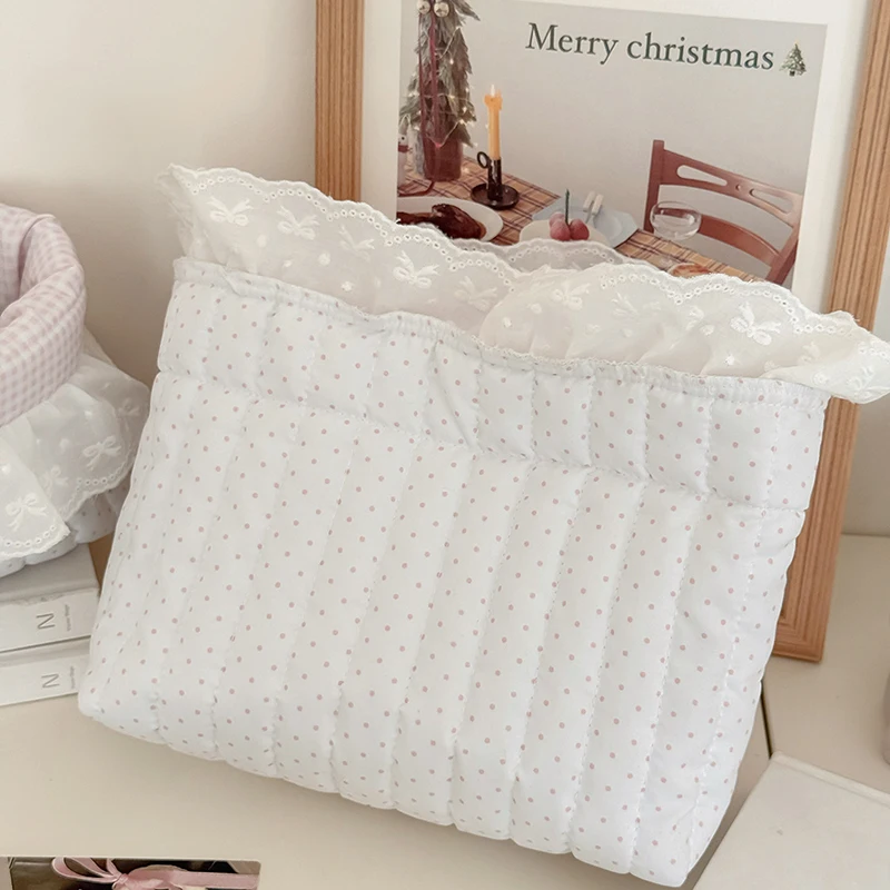 Korean Dot Lace Makeup Bag Case Fashion Travel Cosmetic Case for Girls Large Capacity Cosmetics Storage Brush Organizer Case