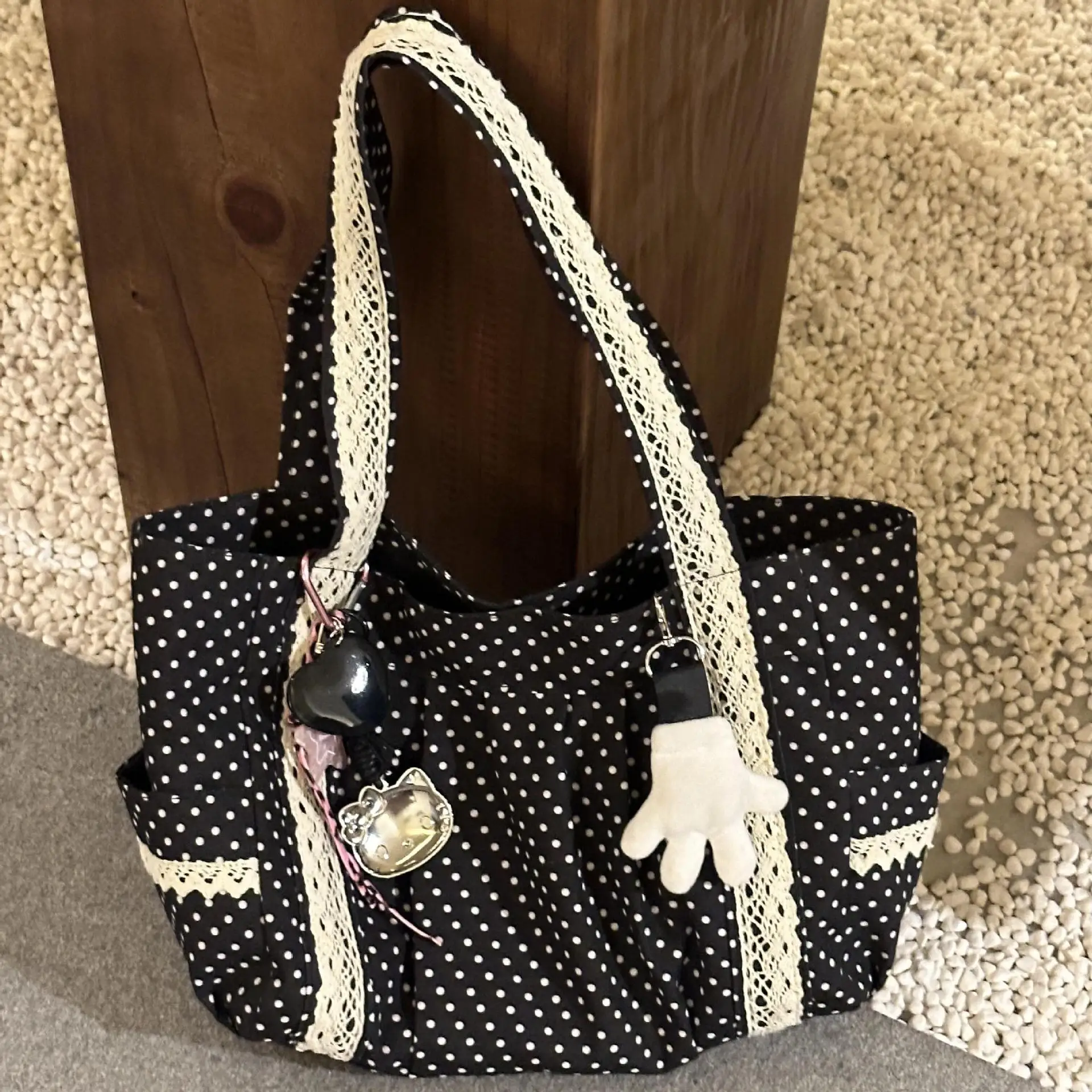 Korean Vintage Canvas Shoulder Bag Women Cute Lace Large Capacity Tote Bag Multi Pocket Handbag Fashion Round Dot Underarm Bag