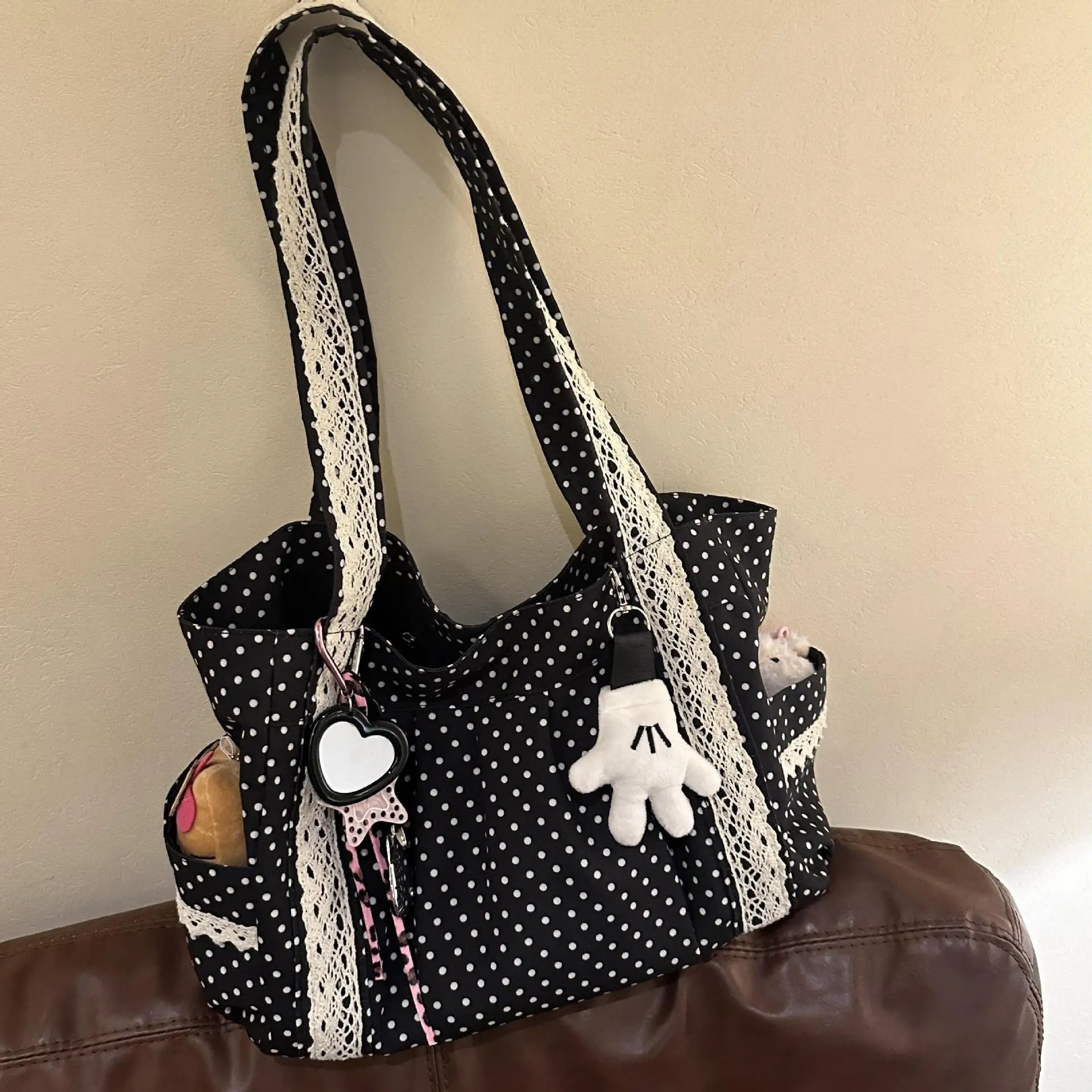 Korean Vintage Canvas Shoulder Bag Women Cute Lace Large Capacity Tote Bag Multi Pocket Handbag Fashion Round Dot Underarm Bag