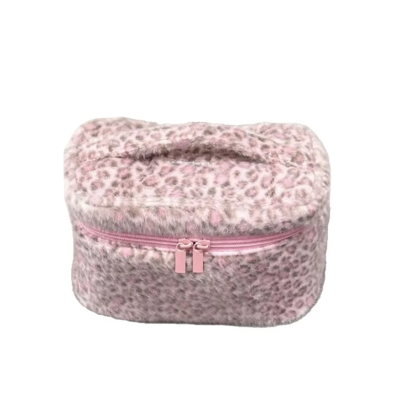 Wear-resistant Travel Toiletry Organizer Cute Storage CasePink Leopard Print Faux Fur Cosmetic Bag Women Plush Makeup Pouch