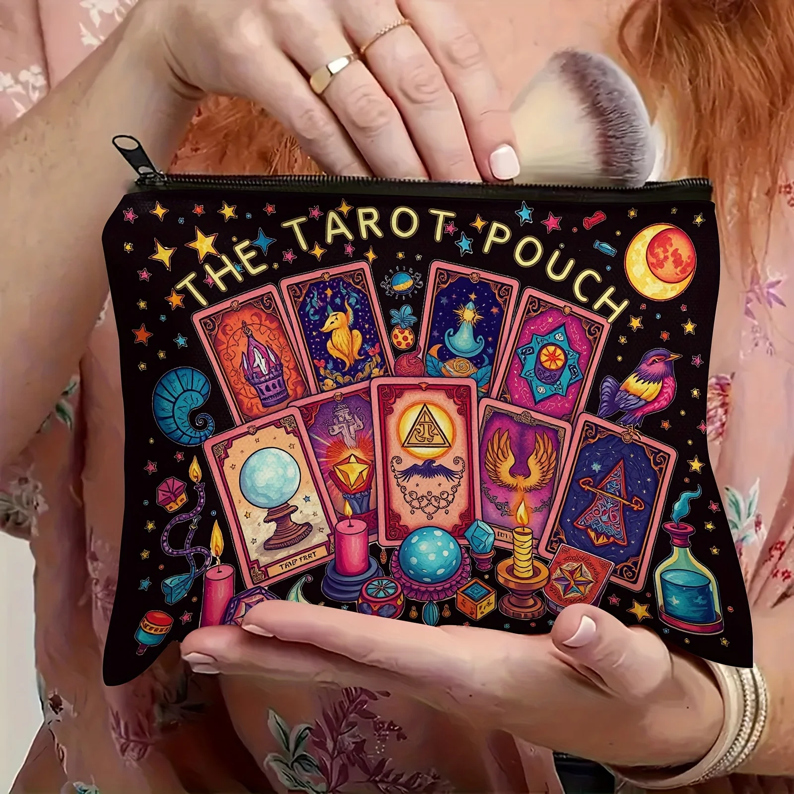 The Tarot Pouch Vibrant Cosmic Tarot Card Design Durable Polyester Compact & Portable Cosmetic Bag for Daily Use or Travel Pouch