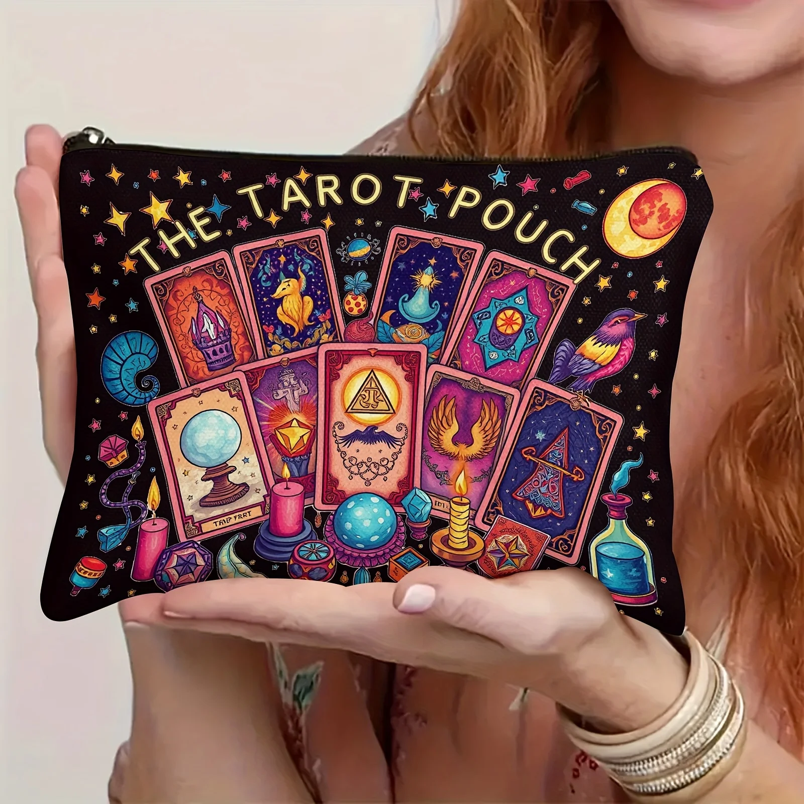 The Tarot Pouch Vibrant Cosmic Tarot Card Design Durable Polyester Compact & Portable Cosmetic Bag for Daily Use or Travel Pouch