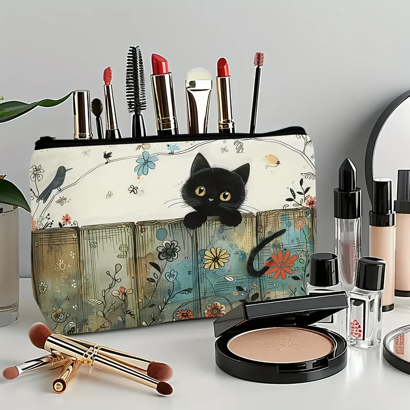 Black Cat Floral Zipper Pouch - Durable, Fade-Resistant Cosmetic Bag, Gift for Sisters, Friends, Cat Lovers | Vibrant Design