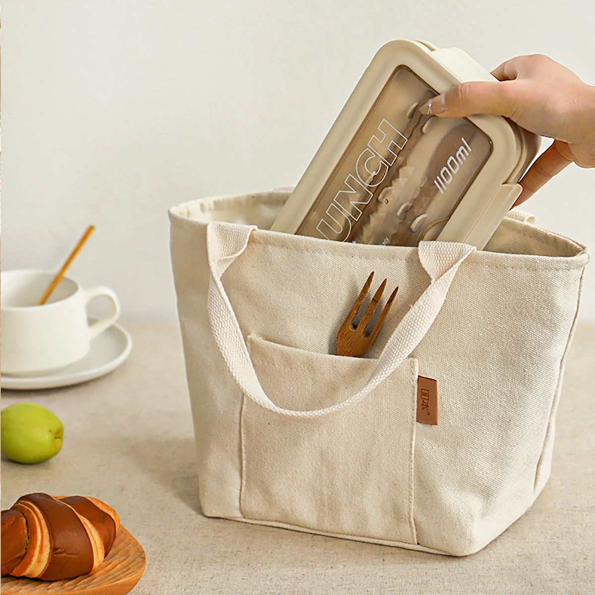 Versatile Canvas Insulated Lunch Bag with Zipper - Portable Storage Tote for Travel & Picnics, Easy-Clean Square Organizer