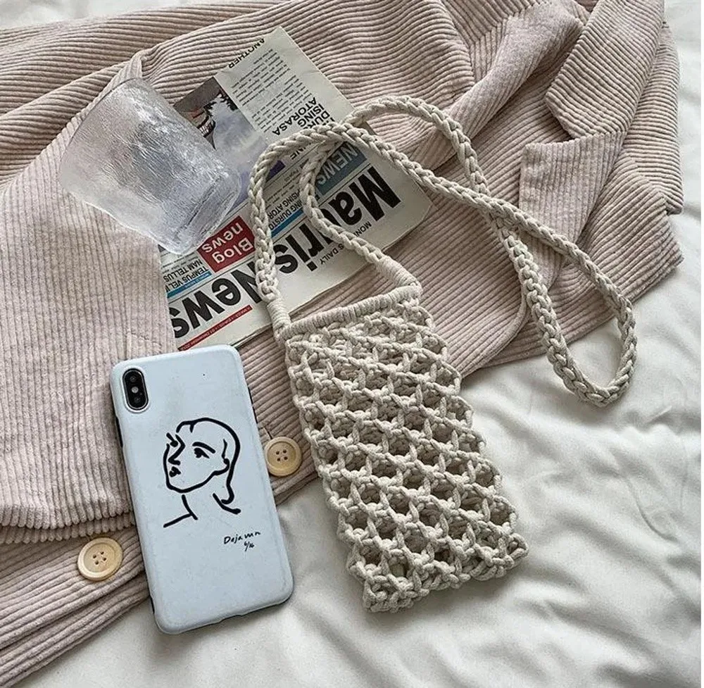 Hollow-out Woven Crochet Small Crossbody Phone Bag Women Fashion Solid Color Lightweight Braided Shoulder Handbag Crossbody Bags