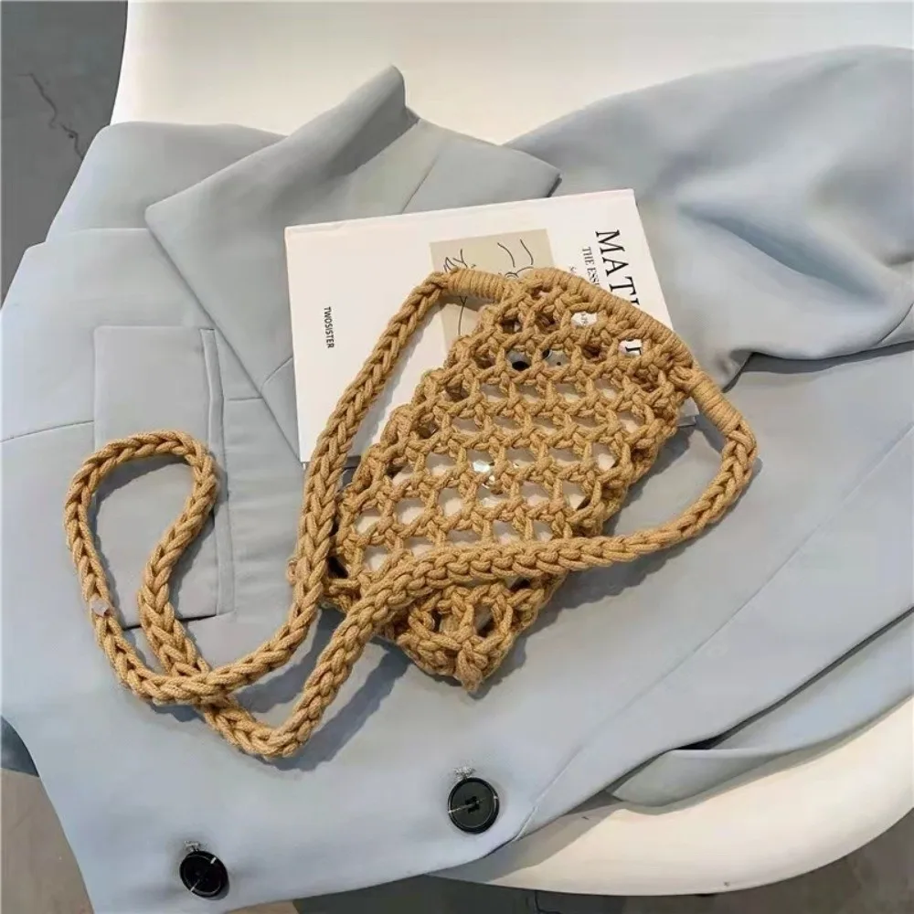 Hollow-out Woven Crochet Small Crossbody Phone Bag Women Fashion Solid Color Lightweight Braided Shoulder Handbag Crossbody Bags