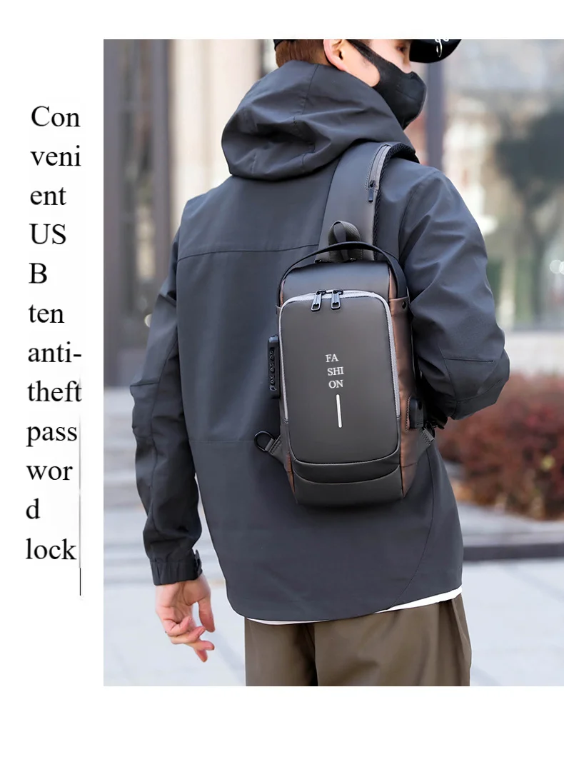 Men's Anti-Theft Chest Bag with Password Lock & USB Port Waterproof Crossbody Sling Backpack for Travel Work Cycling