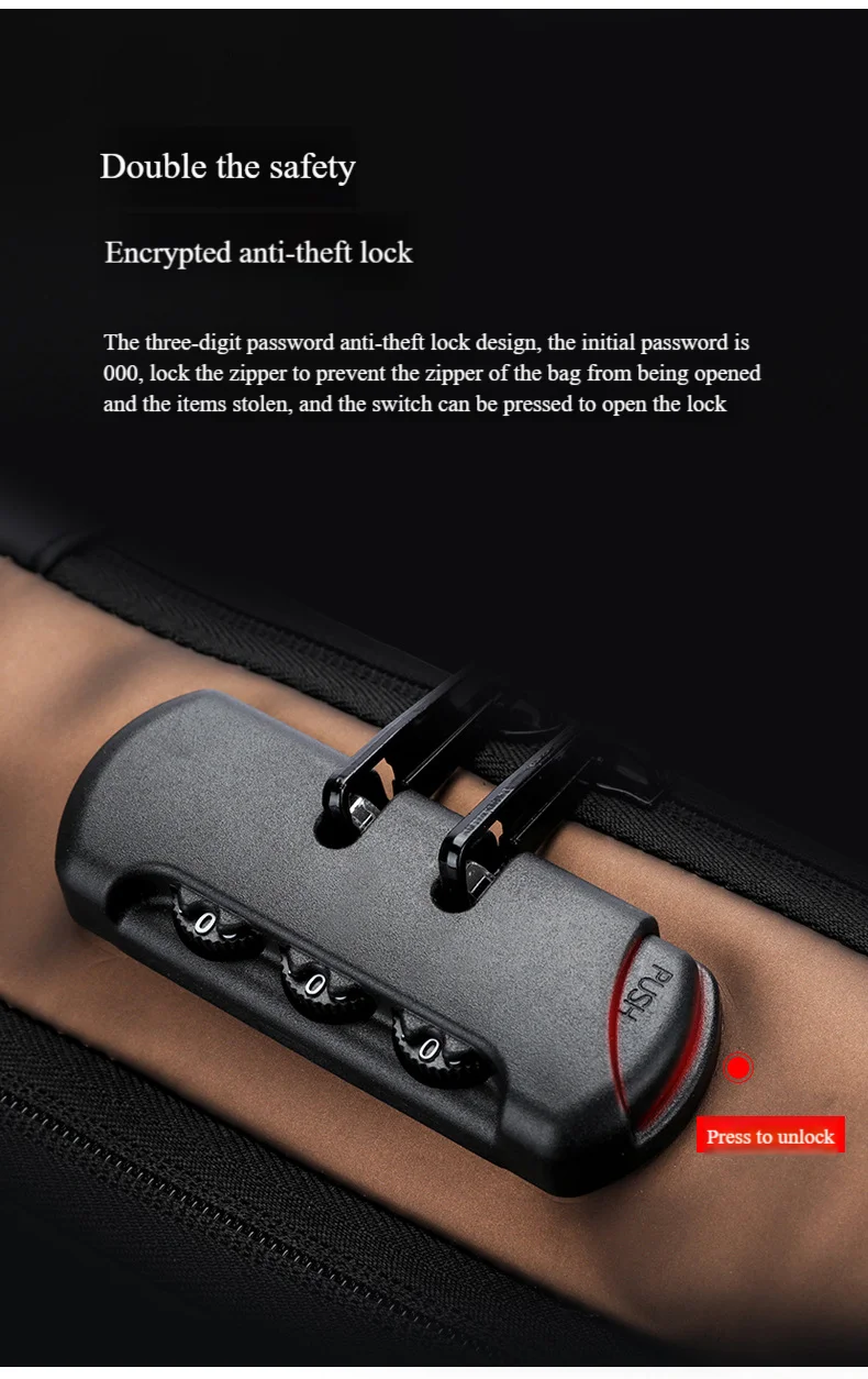 Men's Anti-Theft Chest Bag with Password Lock & USB Port Waterproof Crossbody Sling Backpack for Travel Work Cycling