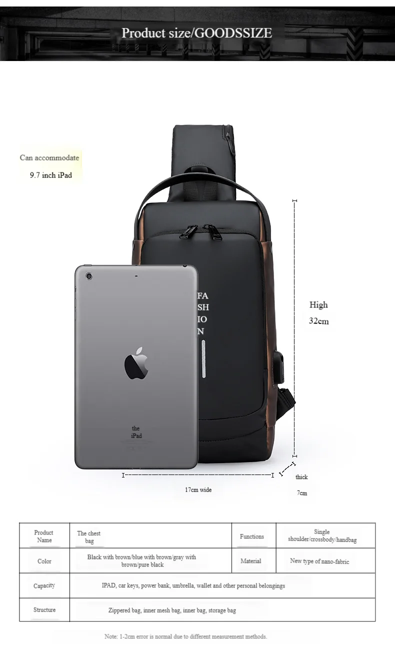 Men's Anti-Theft Chest Bag with Password Lock & USB Port Waterproof Crossbody Sling Backpack for Travel Work Cycling