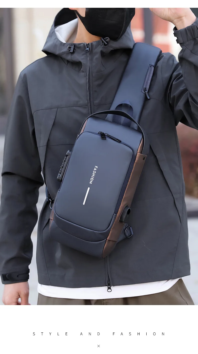 Men's Anti-Theft Chest Bag with Password Lock & USB Port Waterproof Crossbody Sling Backpack for Travel Work Cycling