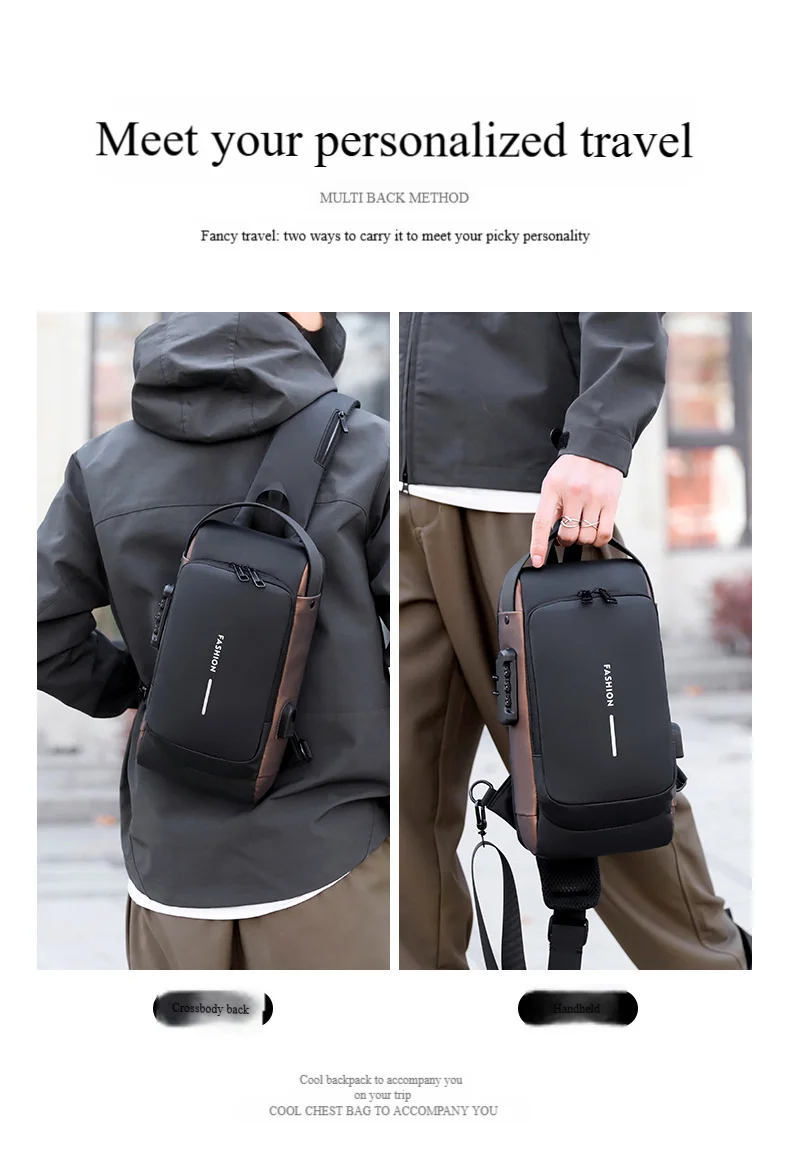 Men's Anti-Theft Chest Bag with Password Lock & USB Port Waterproof Crossbody Sling Backpack for Travel Work Cycling