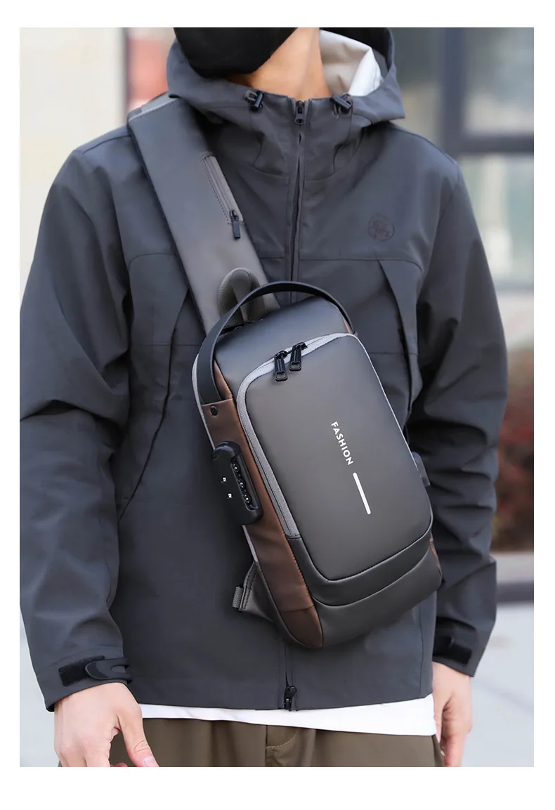 Men's Anti-Theft Chest Bag with Password Lock & USB Port Waterproof Crossbody Sling Backpack for Travel Work Cycling
