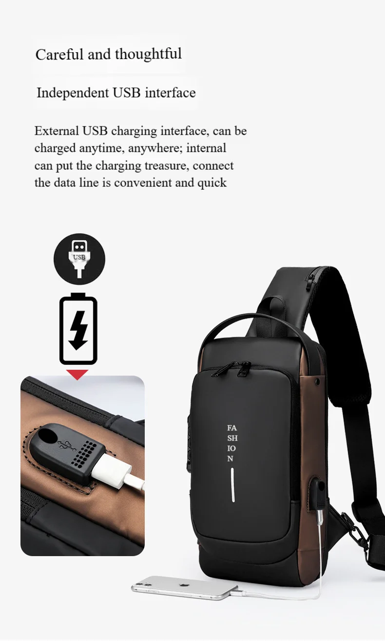 Men's Anti-Theft Chest Bag with Password Lock & USB Port Waterproof Crossbody Sling Backpack for Travel Work Cycling