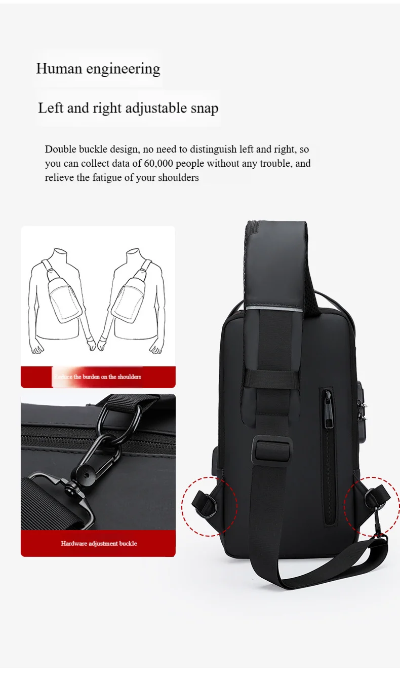Men's Anti-Theft Chest Bag with Password Lock & USB Port Waterproof Crossbody Sling Backpack for Travel Work Cycling