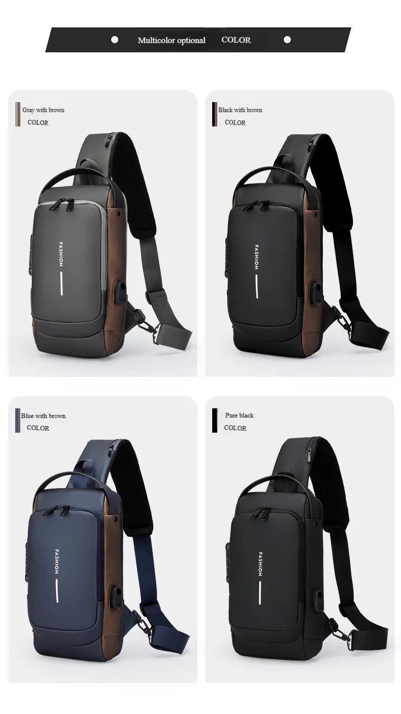 Men's Anti-Theft Chest Bag with Password Lock & USB Port Waterproof Crossbody Sling Backpack for Travel Work Cycling