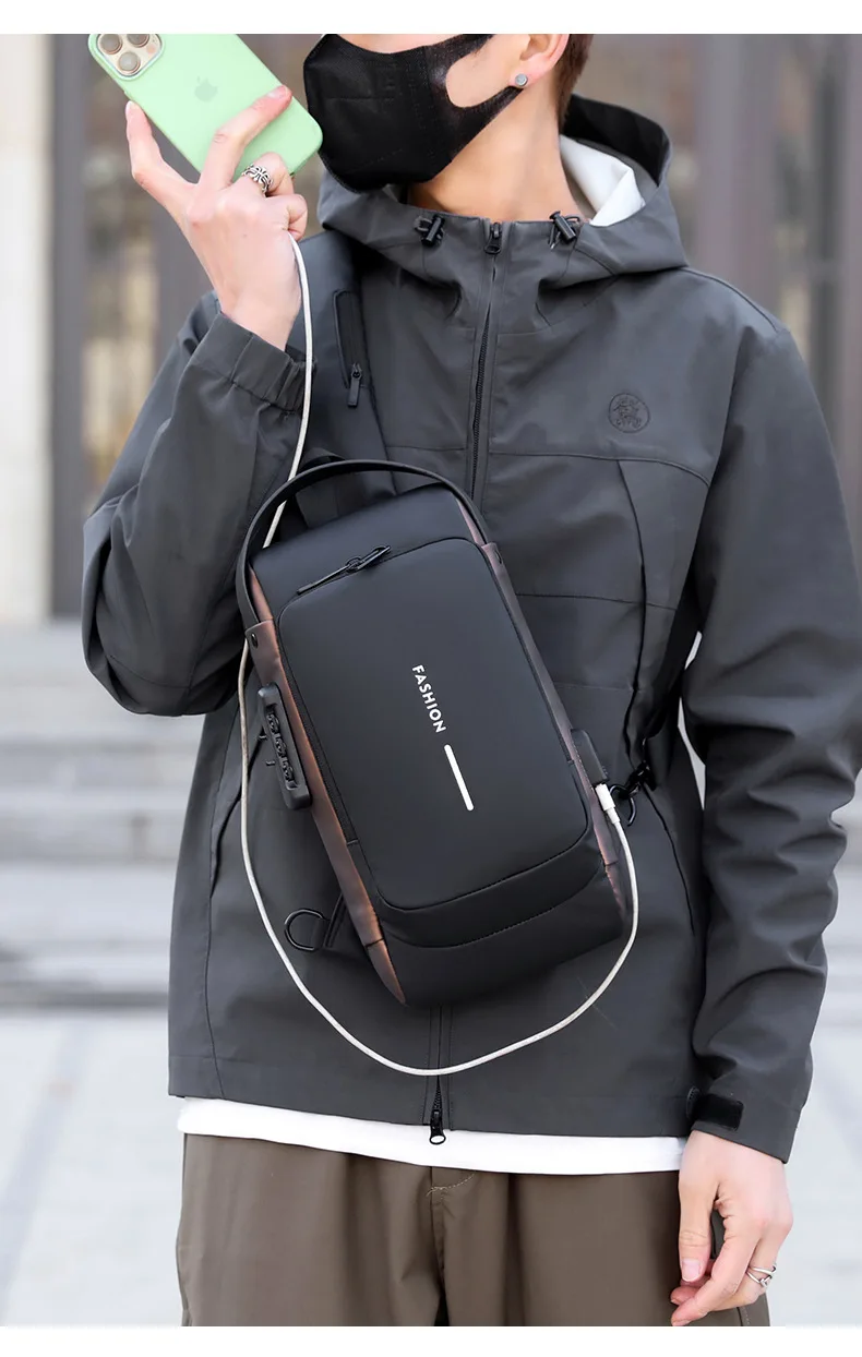 Men's Anti-Theft Chest Bag with Password Lock & USB Port Waterproof Crossbody Sling Backpack for Travel Work Cycling