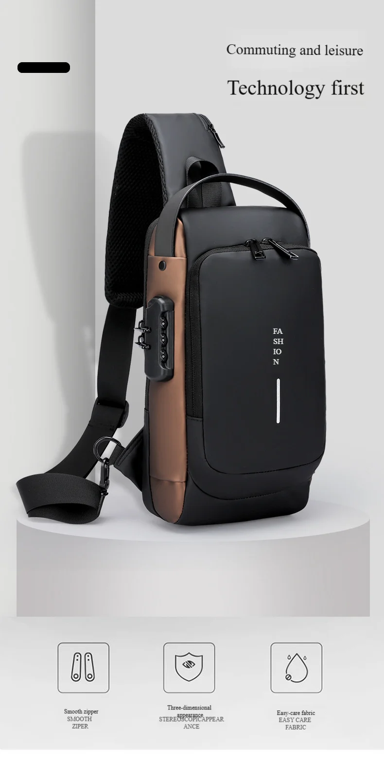Men's Anti-Theft Chest Bag with Password Lock & USB Port Waterproof Crossbody Sling Backpack for Travel Work Cycling