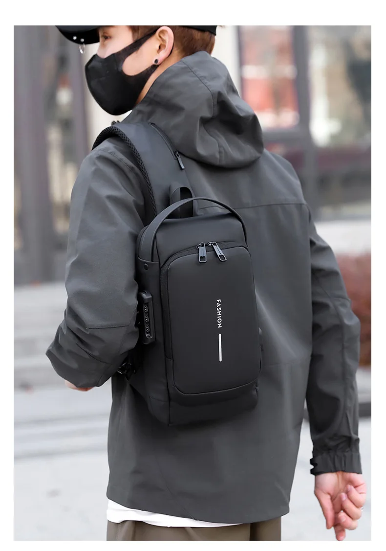 Men's Anti-Theft Chest Bag with Password Lock & USB Port Waterproof Crossbody Sling Backpack for Travel Work Cycling