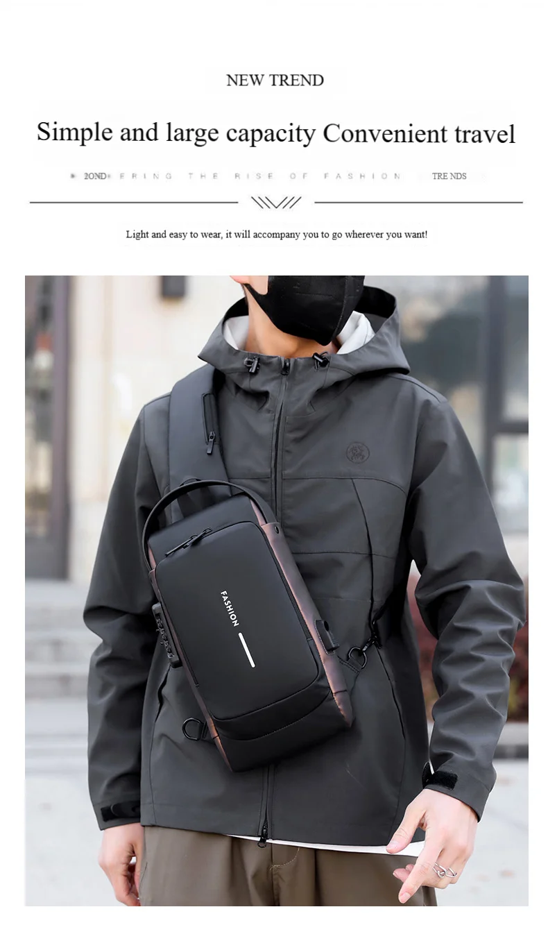 Men's Anti-Theft Chest Bag with Password Lock & USB Port Waterproof Crossbody Sling Backpack for Travel Work Cycling