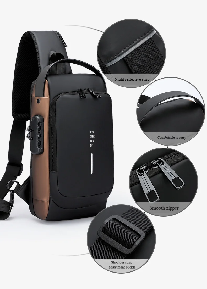 Men's Anti-Theft Chest Bag with Password Lock & USB Port Waterproof Crossbody Sling Backpack for Travel Work Cycling