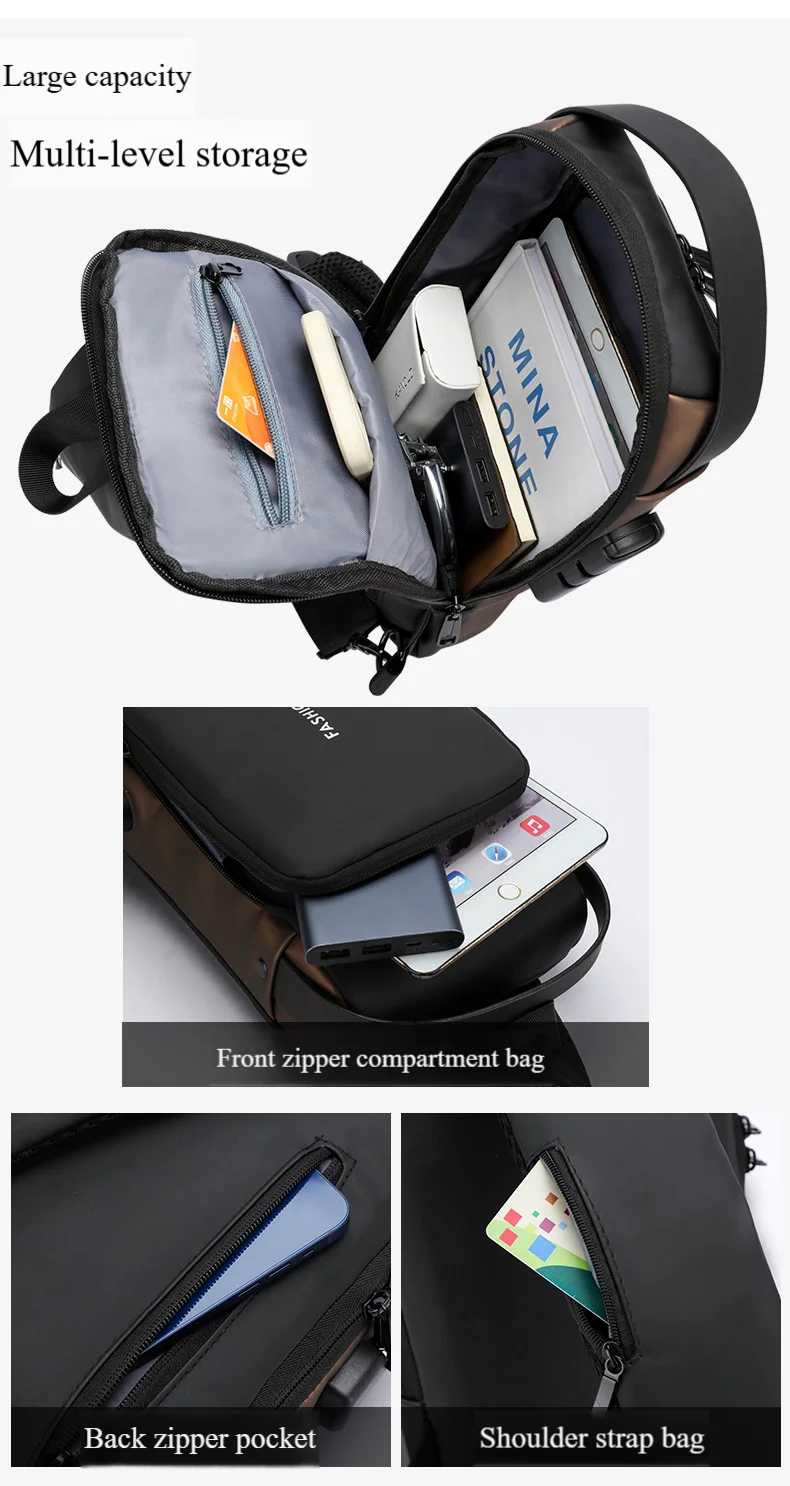 Men's Anti-Theft Chest Bag with Password Lock & USB Port Waterproof Crossbody Sling Backpack for Travel Work Cycling