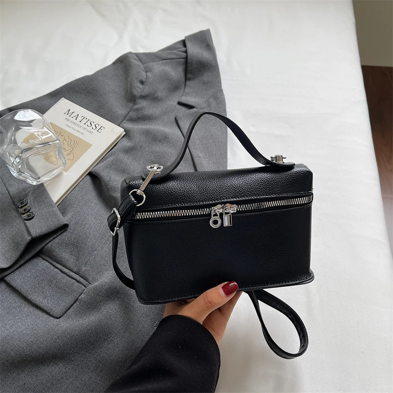 Fashionable Light Luxury Solid Color Box Bag Litchi Pattern Portable Carrying Crossbody Bag Daily Commuting Versatile Square Bag