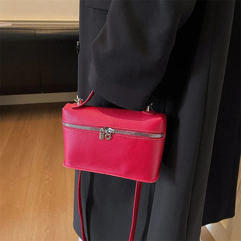 Fashionable Light Luxury Solid Color Box Bag Litchi Pattern Portable Carrying Crossbody Bag Daily Commuting Versatile Square Bag
