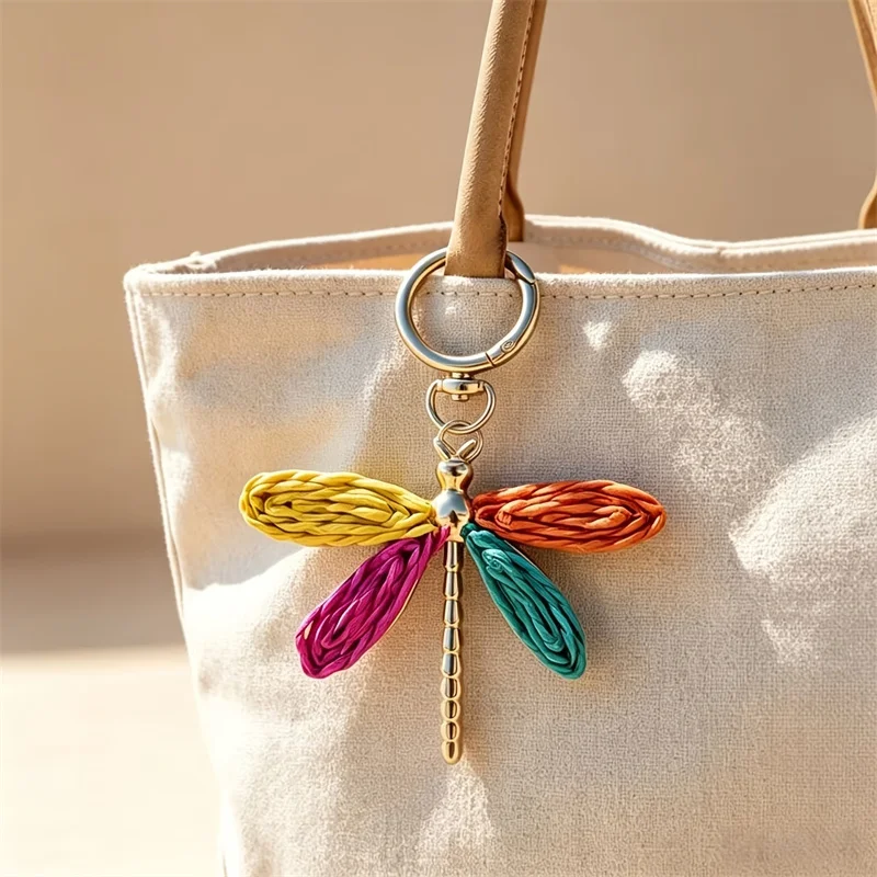 Colorful Woven Dragonfly Keychain Pendant Bohemian Style Pendant Hand-Woven Keychain Accessory Beach Bag Charm
