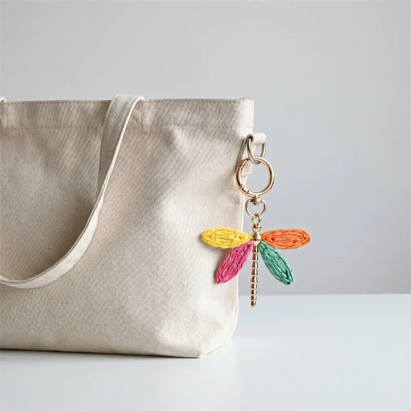 Colorful Woven Dragonfly Keychain Pendant Bohemian Style Pendant Hand-Woven Keychain Accessory Beach Bag Charm