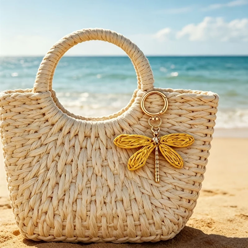 Colorful Woven Dragonfly Keychain Pendant Bohemian Style Pendant Hand-Woven Keychain Accessory Beach Bag Charm
