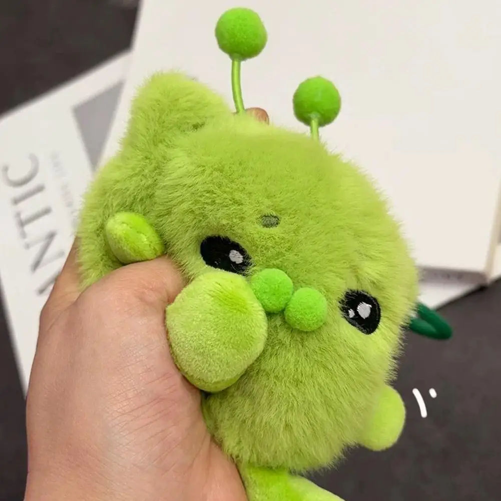 Cute Green Alien Cat Keychain Kawaii Soft Bag Charm Pendant Funny Plushie Toy Stress Relief Ornament Gift