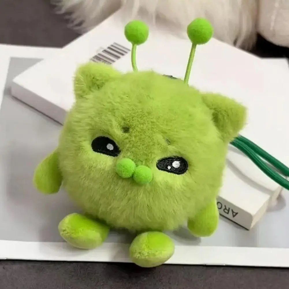 Cute Green Alien Cat Keychain Kawaii Soft Bag Charm Pendant Funny Plushie Toy Stress Relief Ornament Gift