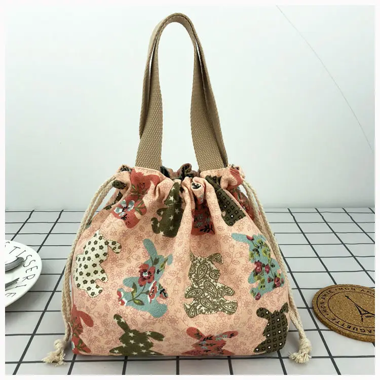 Japanese Cute Bento Bag Tote Canvas Lunch Bags Cartoon Anime Drawstring Bag Foldable Holds Two Lunch Boxes