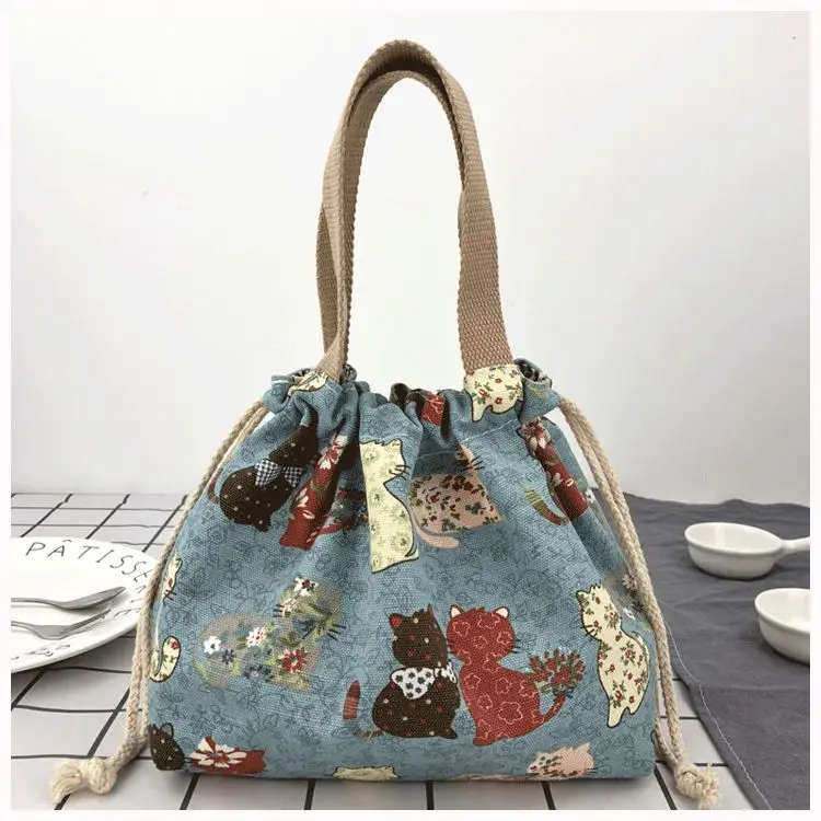 Japanese Cute Bento Bag Tote Canvas Lunch Bags Cartoon Anime Drawstring Bag Foldable Holds Two Lunch Boxes
