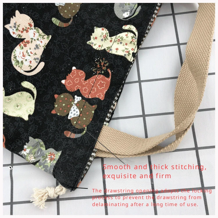 Japanese Cute Bento Bag Tote Canvas Lunch Bags Cartoon Anime Drawstring Bag Foldable Holds Two Lunch Boxes