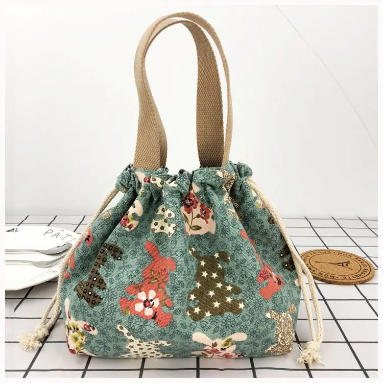 Japanese Cute Bento Bag Tote Canvas Lunch Bags Cartoon Anime Drawstring Bag Foldable Holds Two Lunch Boxes