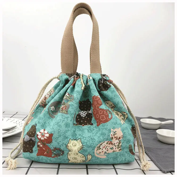 Japanese Cute Bento Bag Tote Canvas Lunch Bags Cartoon Anime Drawstring Bag Foldable Holds Two Lunch Boxes