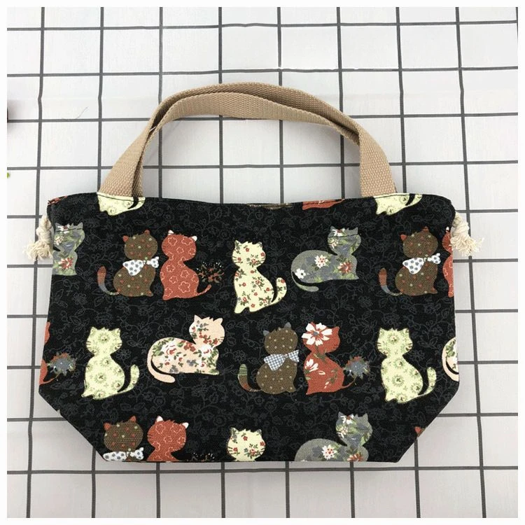 Japanese Cute Bento Bag Tote Canvas Lunch Bags Cartoon Anime Drawstring Bag Foldable Holds Two Lunch Boxes