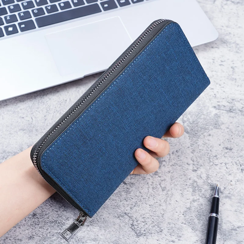 New men's long zipper wallet large capacity multi-card business canvas clutch wallet.