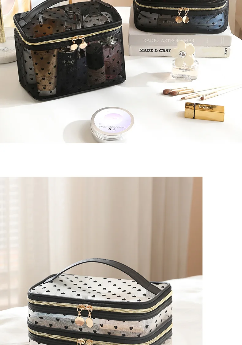 Double-layers Black Mesh Cosmetic Bag Travel Portable Large-Capacity Makeup Case Organizer Storage Pouch Zipper Toiletry Bags