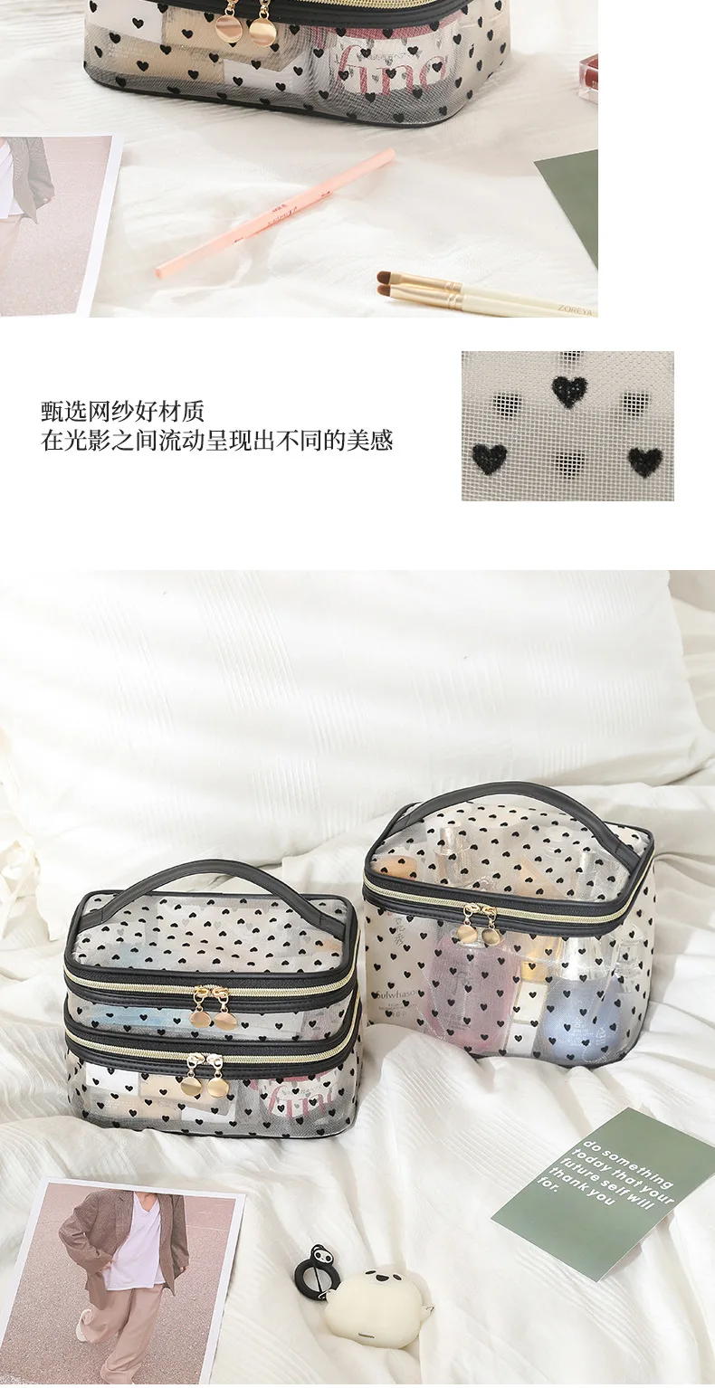 Double-layers Black Mesh Cosmetic Bag Travel Portable Large-Capacity Makeup Case Organizer Storage Pouch Zipper Toiletry Bags