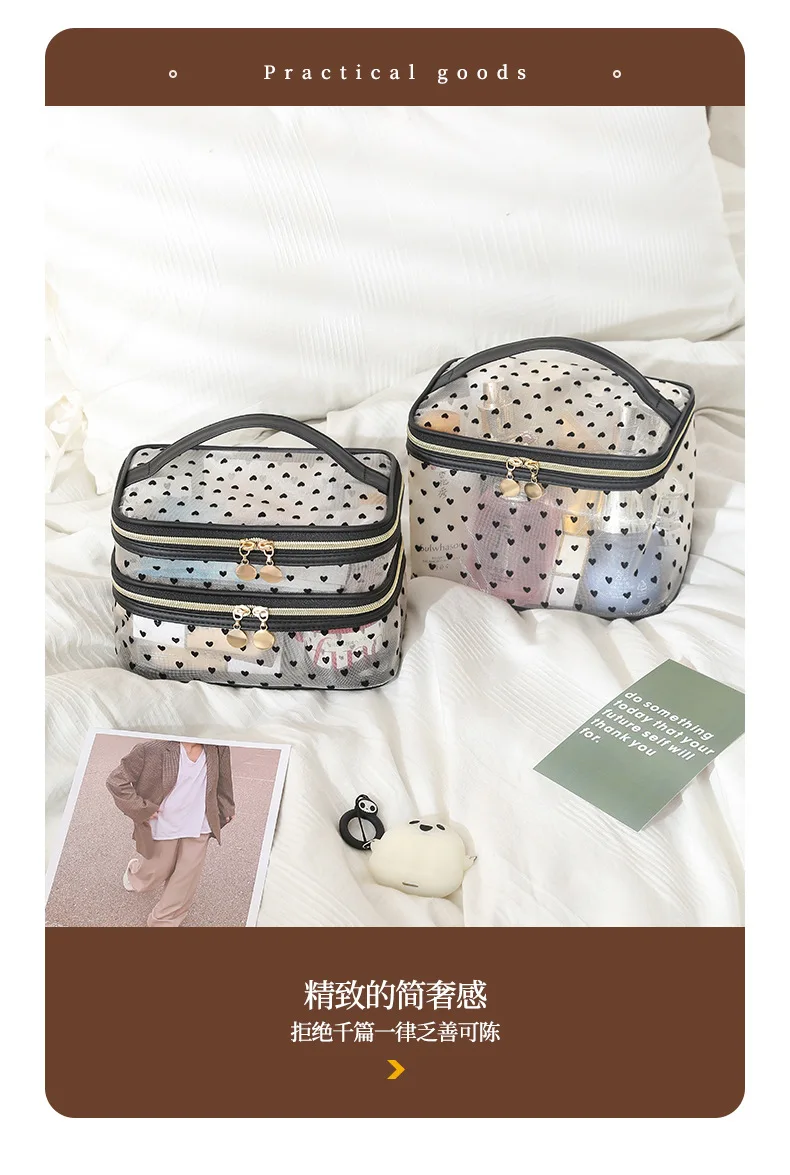 Double-layers Black Mesh Cosmetic Bag Travel Portable Large-Capacity Makeup Case Organizer Storage Pouch Zipper Toiletry Bags