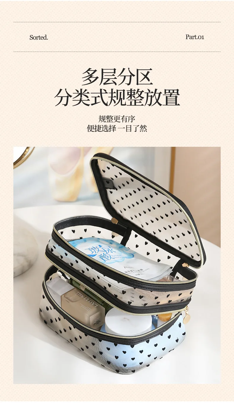 Double-layers Black Mesh Cosmetic Bag Travel Portable Large-Capacity Makeup Case Organizer Storage Pouch Zipper Toiletry Bags