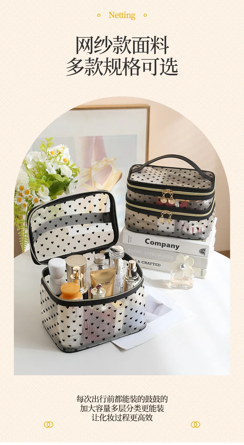 Double-layers Black Mesh Cosmetic Bag Travel Portable Large-Capacity Makeup Case Organizer Storage Pouch Zipper Toiletry Bags