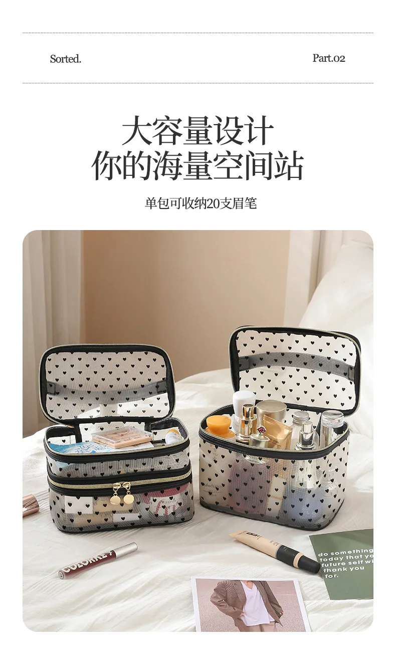 Double-layers Black Mesh Cosmetic Bag Travel Portable Large-Capacity Makeup Case Organizer Storage Pouch Zipper Toiletry Bags