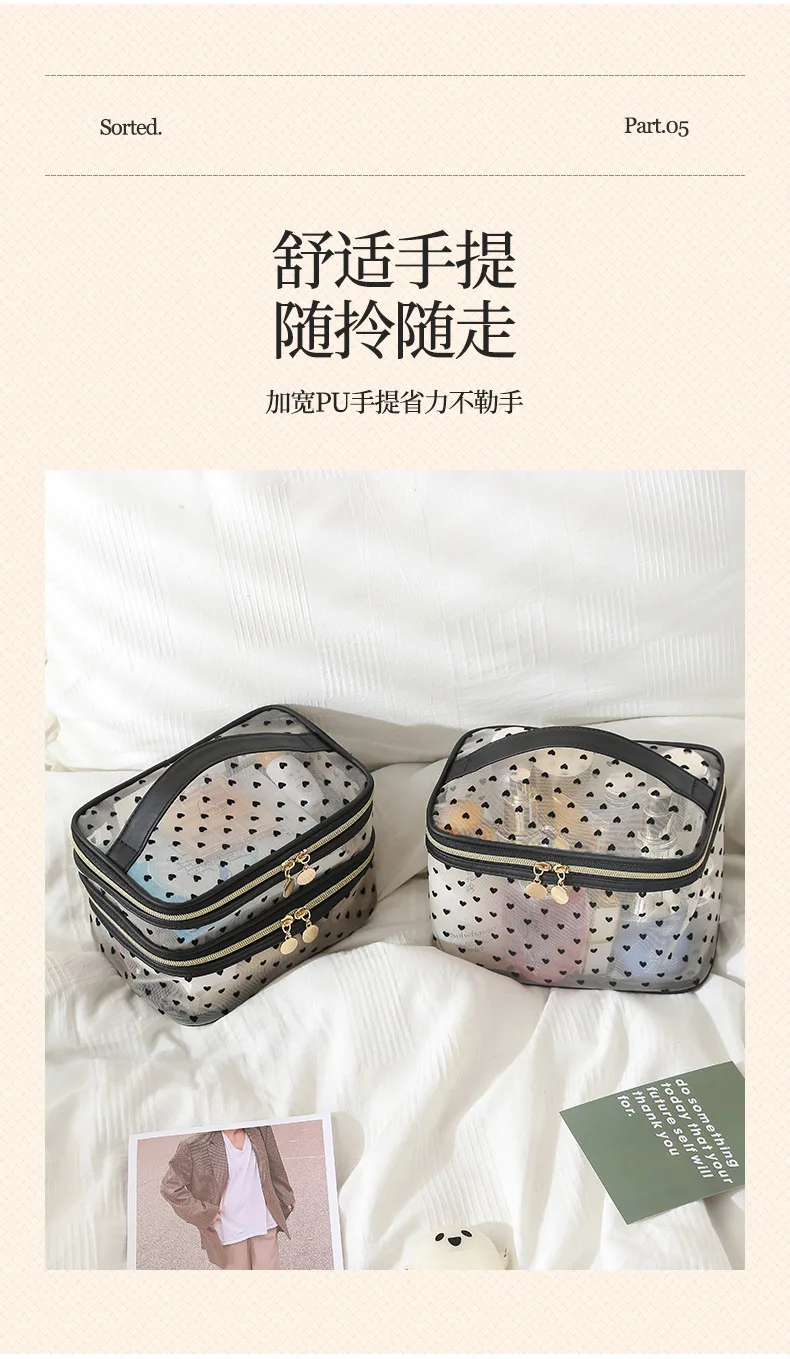 Double-layers Black Mesh Cosmetic Bag Travel Portable Large-Capacity Makeup Case Organizer Storage Pouch Zipper Toiletry Bags