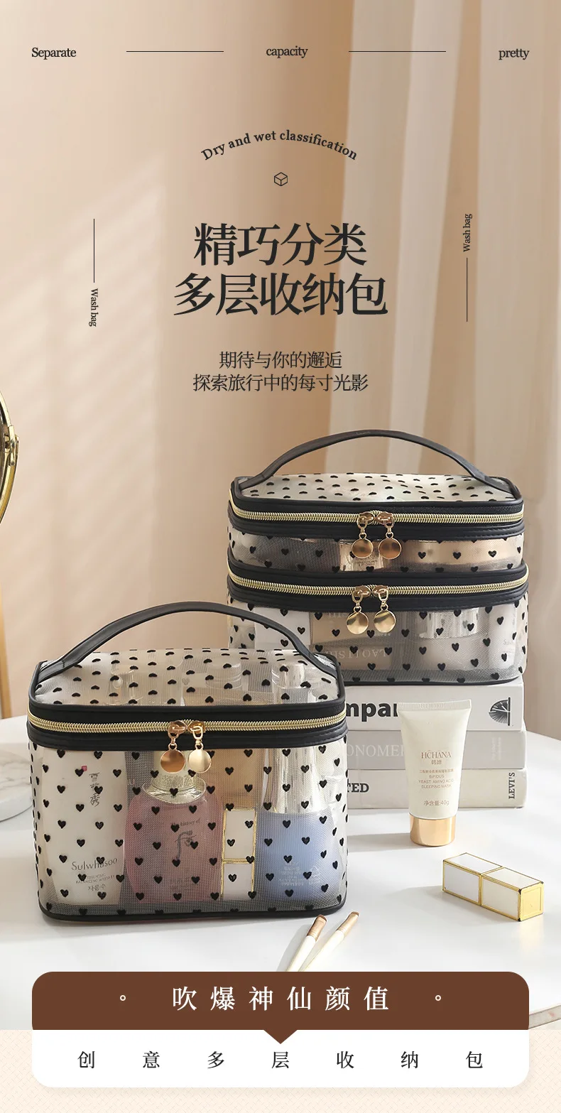 Double-layers Black Mesh Cosmetic Bag Travel Portable Large-Capacity Makeup Case Organizer Storage Pouch Zipper Toiletry Bags